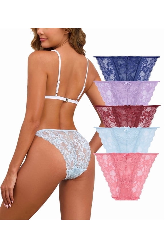 Womens Sexy Lace String Bikini Underwear High Cut Panties Breathable Hipster Panties Lace Cheeky Bikini Panty 5 Pack (5D,XL)