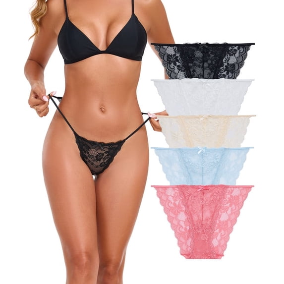 CF Womens Sexy Lace String Bikini Underwear High Cut Panties Breathable Hipster Panties Lace Cheeky Bikini Panty 5 Pack (5E,M)
