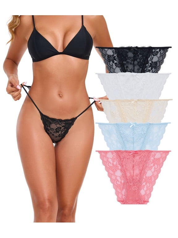 Womens Sexy Lace String Bikini Underwear High Cut Panties Breathable Hipster Panties Lace Cheeky Bikini Panty 5 Pack (5E,M)
