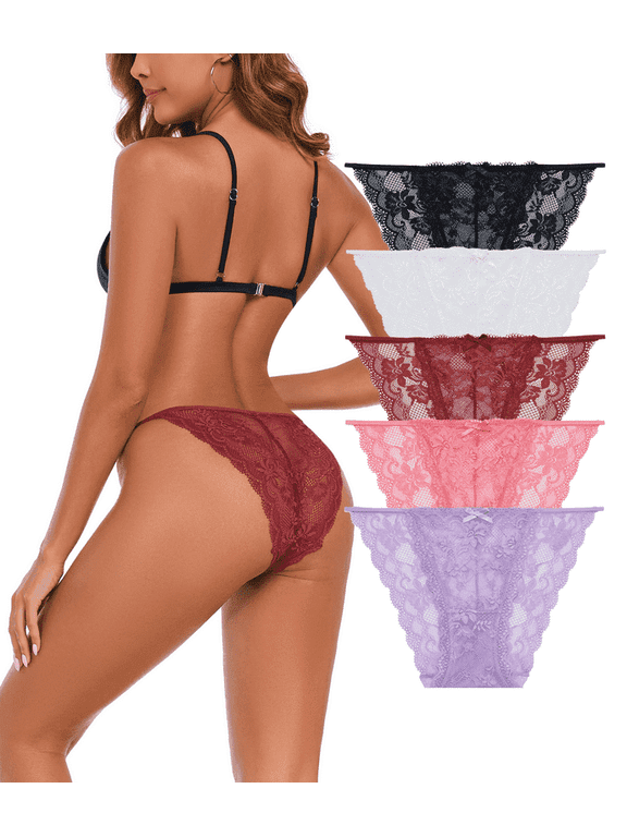 Womens Sexy Lace Underwear String Bikini Panties High Cut Breathable Cheeky Underwear Ladies Stretch Briefs 5 Pack (5A,L)