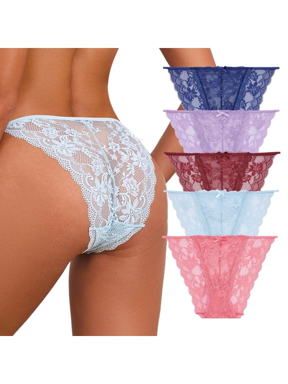Womens Sexy Lace Underwear String Bikini Panties High Cut Breathable Cheeky Underwear Ladies Stretch Briefs 5 Pack (5D,L)
