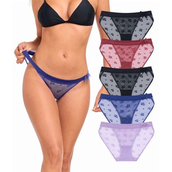 CF Womens Sexy Underwear Mesh See Through Bikini Panties Pack Hi Cut Briefs Sheer Lace String Lingerie Stretch Breathable Hipster for Laddies(5C,M)