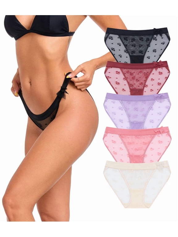 Womens Sexy Underwear Mesh See Through Bikini Panties Pack Hi Cut Briefs Sheer Lace String Lingerie Stretch Breathable Hipster for Laddies(5F,L)