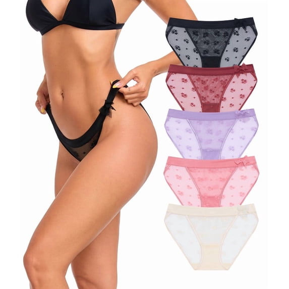 CF Womens Sexy Underwear Mesh See Through Bikini Panties Pack Hi Cut Briefs Sheer Lace String Lingerie Stretch Breathable Hipster for Laddies(5F,XL)