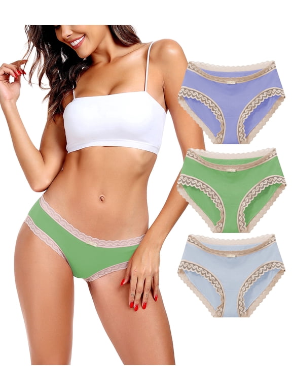 Womens Underwear Lace Trim Hipster Panties Pack Bamboo Rayon Cotton Bikini Briefs Ultra Soft Comfy Ladies Undies with Bow(3I,M)