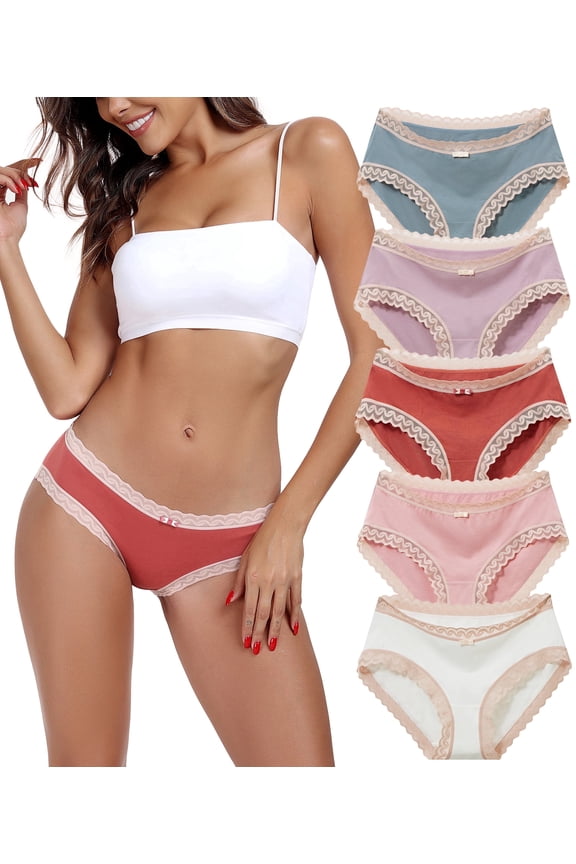 Womens Underwear Lace Trim Hipster Panties Pack Bamboo Rayon Cotton Bikini Briefs Ultra Soft Comfy Ladies Undies with Bow(5C,L)