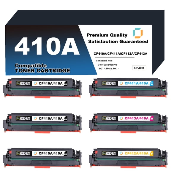 CF410A/CF411A/CF412A/Cf413A Toner Cartridge Replacement Compatible for HP 410A 6 Pack to use with Color LaserJet Pro MFP M377dw, M452dn, M452dw, M452nw, M477fdn, M477fdw, M477fnw Printer