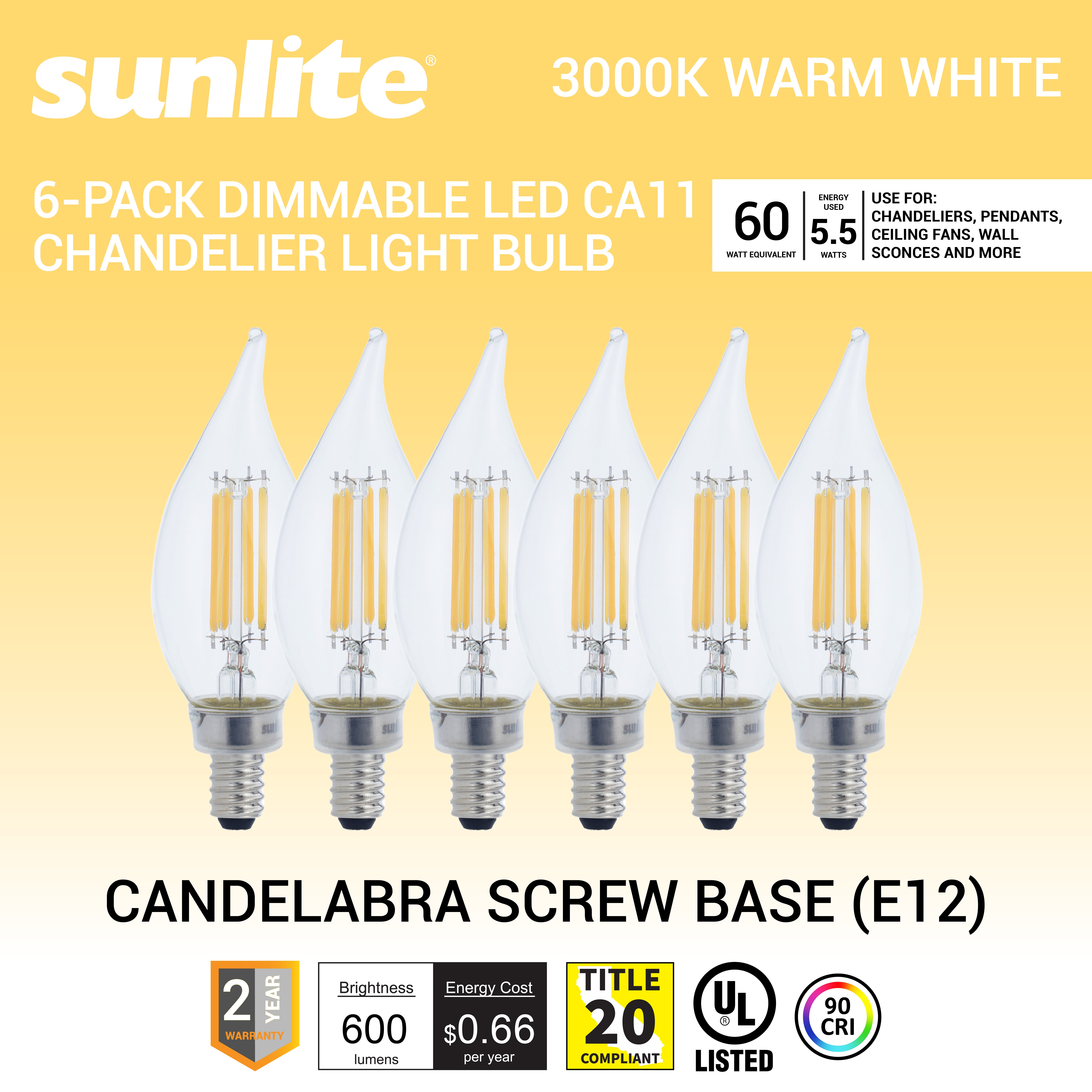 Sunlite LED Filament CA11 Flame Tip Chandelier Light Bulb, 5.5 Watts (60W=), 600 Lumens, Candelabra Base (E12), Edison Style, 90 CRI, Dimmable, UL Listed, 3000K Warm White, 6 Count