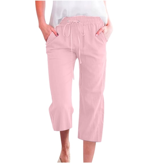 CFDRFGH Womens Cotton Linen Capris Pants Plus Size Drawstring Waist Straight Tube Cropped Trousers Loose Casual Beach Slacks