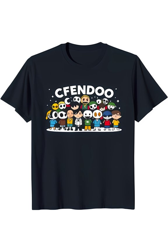 CFENDOO Graphic Black T-Shirt with Colorful Cartoon Characters and Stars