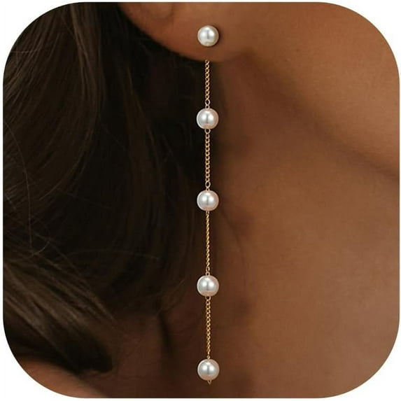 CFIOZYOS 14K Gold Plated Long Pearl Drop Dangle Earrings for Women, Tassel Chain Wedding Bridal Earrings for Brides Bridesmaids, Prom Jewelry Gifts