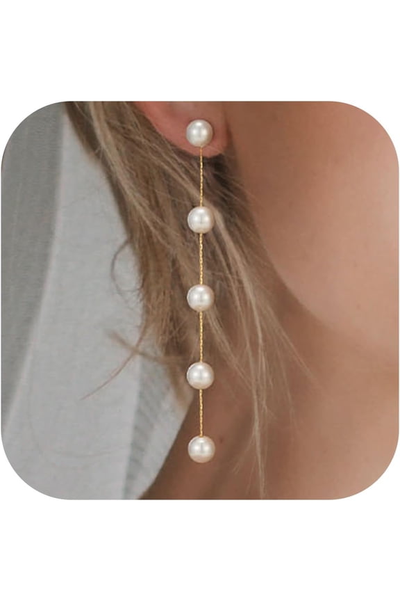 14K Gold Plated Long Pearl Drop Dangle Earrings for Women, Tassel Chain Wedding Bridal Earrings for Brides Bridesmaids, Prom Jewelry Gifts