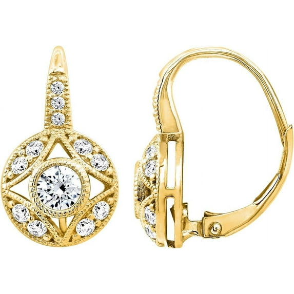 CFIOZYOS 14K Plated Yellow Gold, Platinum Plated 925 Sterling Silver Leverback Antique Earrings for Women | 1 Carat Round Cut Cubic Zirconia Simulated Diamond