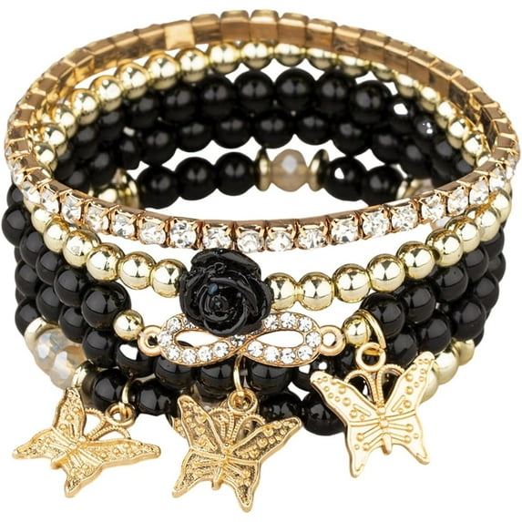 CFIOZYOS 4Pcs Set Bohemian Butterfly Crystal Stone Stretch Pendant Bracelets for Women Gold Beaded Stackable Stretch Bracelet Colorful Charm Jewelry Boho Summer Beach