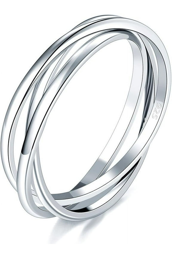 925 Sterling Silver Ring, Fidget Ring Anxiety Ring, Triple Row Rolling Interlocking Stacking Rings, High Polish Rings for Women, Men Each Band Width 1.8mm 3mm Size 4-12