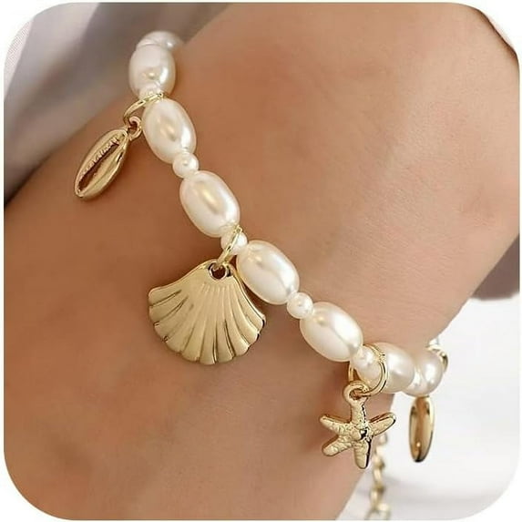 CFIOZYOS Ankle Bracelet Set for Women, Gold Boho Bead Adjustable Anklet, Beach Pearl Heart Starfish Foot Jewelry Gifts