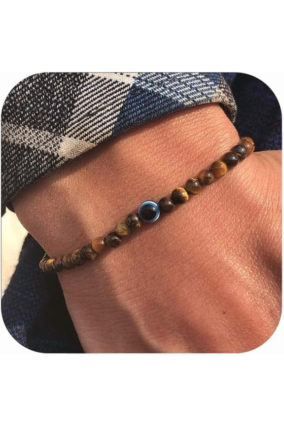 Evil Eye Bracelet 6mm Natural Stretch Adjustable Beaded Bracelets for Men