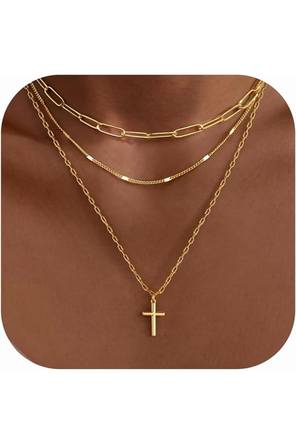 Gold Necklaces for Women,Stackable Dainty 14K Gold Silver Plated Trendy Circle Paperclip Chain Pendant Choker Necklace,Simpl Diamond Cross Bow Jewelry Set Gifts for Women