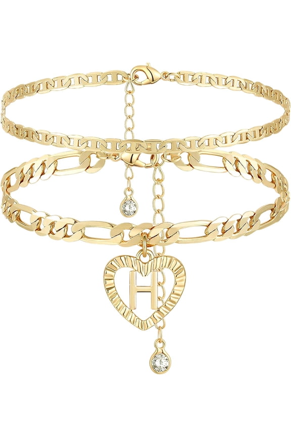 Initial Ankle Bracelets for Women 14K Gold Plated Layered Figaro Chain Letter Initial Anklets Handmade Layered Heart Ankle Bracelets Personalized Jewelry for Women