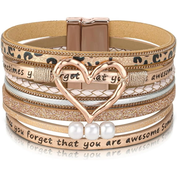 CFIOZYOS Inspirational Heart Leather Bracelets for Women, SOMETIMES YOU FORGET ARE AWESOME Gifts for Women Teen Girls on Birthday Christmas,Beige Wrap Boho Leather Bracelet Jewelry