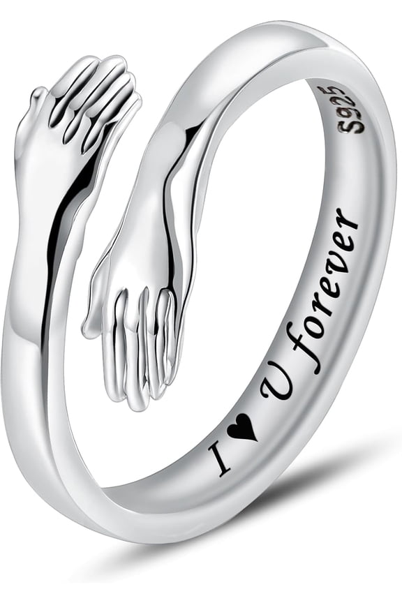S925 Sterling Silver Hug Rings for Women Adjustable Hugging Hands Open Ring for Men Promise Rings Jewelry Birthday Mothers Day Gifts for Dad Mom Wife Daughters Grandma Best Friend