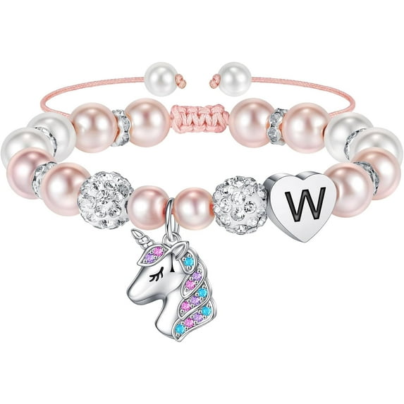 CFIOZYOS Unicorn Bracelet Gifts for Girls - Adjustable Pink Pearl and Rhinestone Balls Heart Initial Unicorn Bracelets Jewelry CZ Unicorn Bracelet Birthday Gifts for Girls