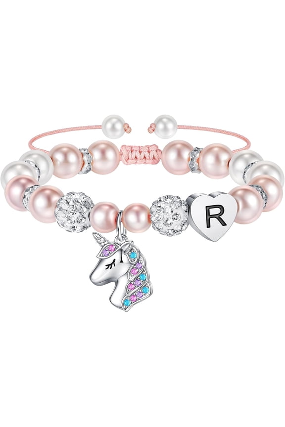 Unicorn Bracelet Gifts for Girls - Adjustable Pink Pearl and Rhinestone Balls Heart Initial Unicorn Bracelets Jewelry CZ Unicorn Bracelet Birthday Gifts for Girls