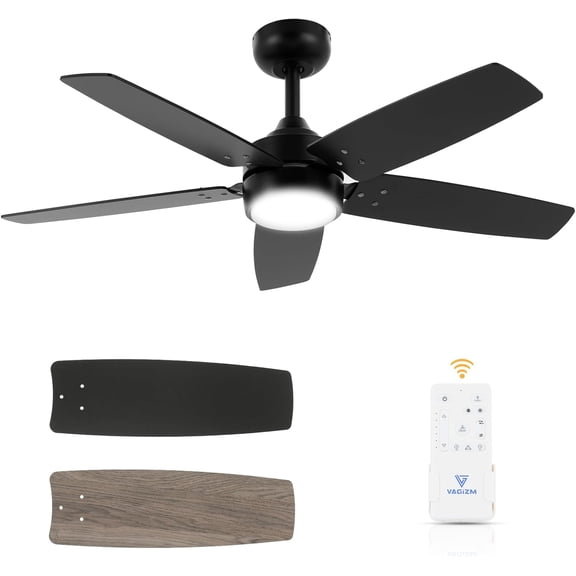 Vagizm Ceiling Fan 42'' for Bedroom: Matte Black Modern Fans with Light Remote Control - Reversible Quiet DC Motor Dimmable with 6 Speeds for Home Office Indoor Outdoor Use