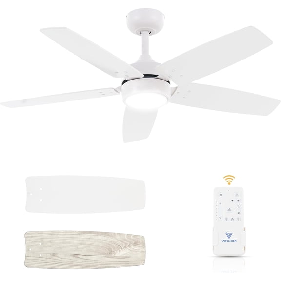 Vagizm Ceiling Fan 42'' for Bedroom: Matte White Modern Fans with Light Remote Control - Reversible Quiet DC Motor Dimmable with 6 Speeds for Home Office Indoor Outdoor Use