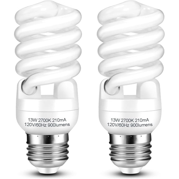 CFL Light Bulbs E26 Base, T2 Spiral 13Watt (60Watt Equivalent) Soft White 2700K 900lm Compact Fluorescent Light Bulbs, UL Approved, 120v 60Hz, Self Ballasted CFL Bulbs, Pack of 2