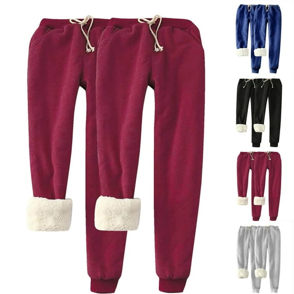 CFLVAEK 2 PC Fleece Lined Sweatpants for Women Plus Size Warm Fall Winter Sweatpant Casual Drawstring Waisted Baggy Lounge Pants with Pockets Red L