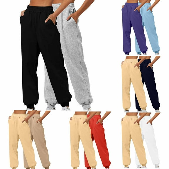 CFLVAEK 2 Pack Sweatpants for Women Casual Elastic High Waist Sweatpant Comfy Fall Winter Baggy Pants Solid Color Wide Leg Lounge Pant Orange XXL