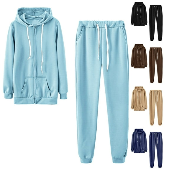 CFLVAEK 2 Piece Outfits for Women Fall Workout Sweatsuits Casual Zip Up Hooded Sweatshirts and Drawstring Elastic Waist Sweatpants Running Sets Navy XL