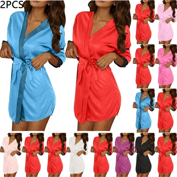 CFLVAEK 2 Piece Silk Robes for Women Lightweight Kimono Bathrobe Soft 3/4 Sleeve Bathrobes Solid Color Short Robe with Belt Elegant Sleepwear for Ladies Purple Free Size