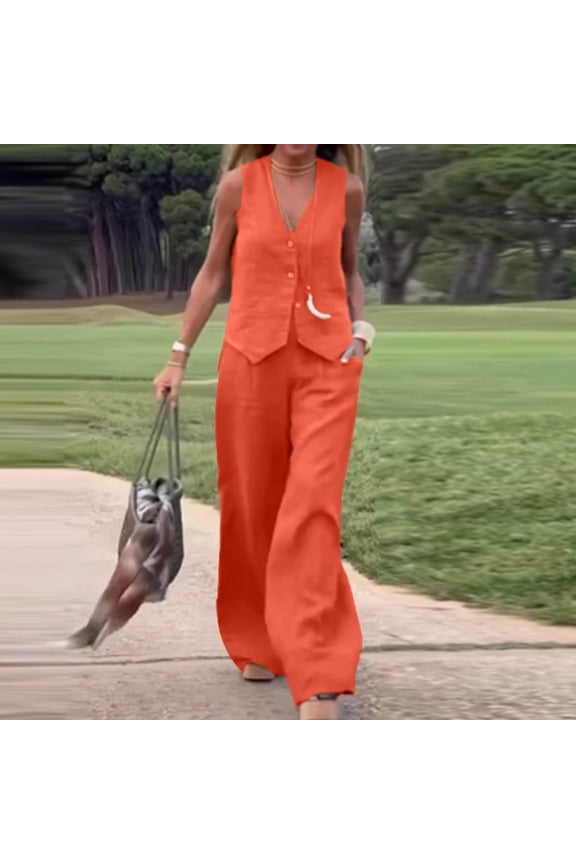 2 Pieces Cotton Linen Matching Sets for Women Casual Button Down Sleeveless Vest + Flowy High Waist Wide Leg Trousers with Pocket Baggy Solid Beach Vacation Tracksuit