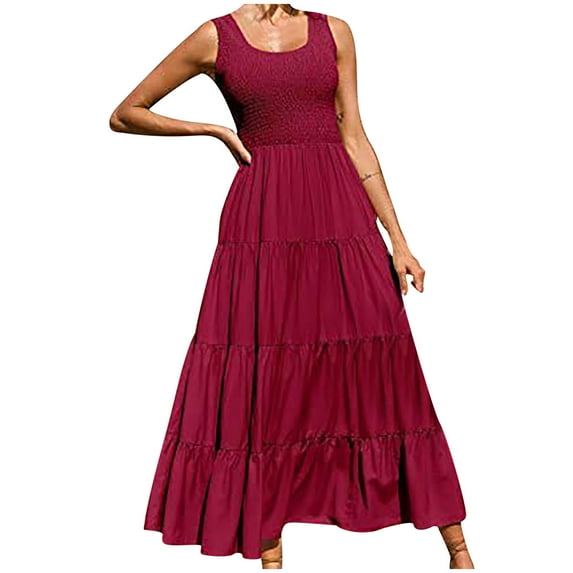 CFLVAEK 2024 Summer Beach Dresses for Women Sleeveless Scoop Neck Sun Dresses Tiered Smocked Maxi Dress Loose Fit Solid Color Long Dresses