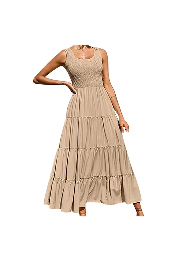 Summer Beach Dresses for Women Sleeveless Scoop Neck Sun Dresses Tiered Smocked Maxi Dress Loose Fit Solid Color Long Dresses