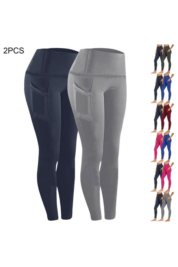 2PCS Plus Size Yoga Pants for Women with Pockets Comfy High Waisted Workout Leggings Butt Lift Gym Fitness Legging Pants Solid Color Running Pants Blue XXXL