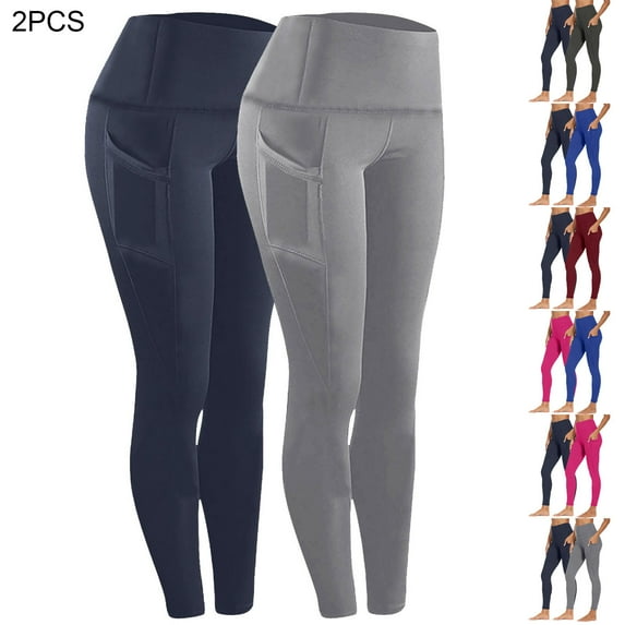 CFLVAEK 2PCS Plus Size Yoga Pants for Women with Pockets Comfy High Waisted Workout Leggings Butt Lift Gym Fitness Legging Pants Solid Color Running Pants Wine M