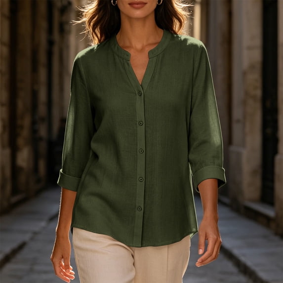 CFLVAEK 3/4 Length Sleeve Womens Tops Dressy Casual Button Down Notch V Neck Shirts Casual Solid Color Work Blouses Army Green M