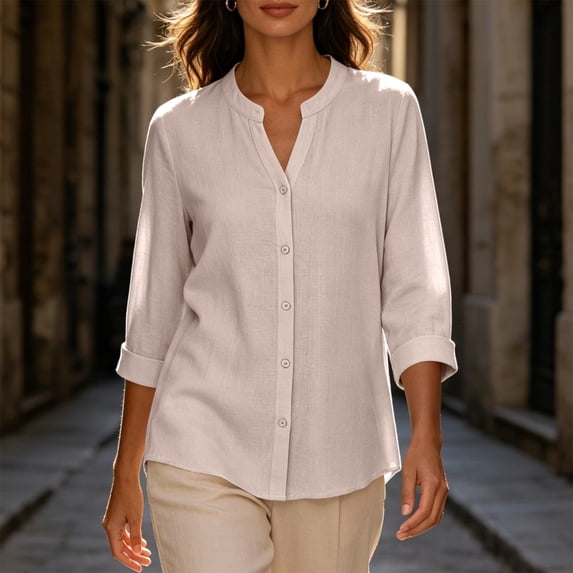 CFLVAEK 3/4 Length Sleeve Womens Tops Dressy Casual Button Down Notch V Neck Shirts Casual Solid Color Work Blouses Khaki XL