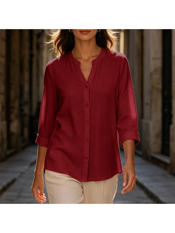 3/4 Length Sleeve Womens Tops Dressy Casual Button Down Notch V Neck Shirts Casual Solid Color Work Blouses Red XL
