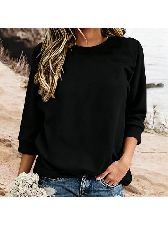 3/4 Sleeve Sweatshirts for Women Casual Crewneck Pullover Sweatshirt Solid Color Basic Fall Tops Black M