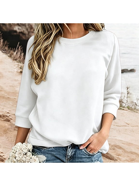 3/4 Sleeve Sweatshirts for Women Casual Crewneck Pullover Sweatshirt Solid Color Basic Fall Tops White L