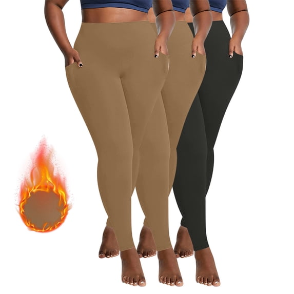 CFLVAEK 3 Pack Fleece Lined Leggings for Women Plus Size High Waist Yoga Pants Quick Dry Thermal Winter Legging Tights with Pockets (Khaki+Khaki+Dark Gray) XXXL