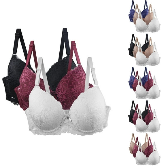 CFLVAEK 3 Pack Lace Bras for Women Plus Size Wireless Push Up Everyday Bra for Big Breasts Full Coverage Seamless Bralettes Breathable Brassiere for Large Breast Black M