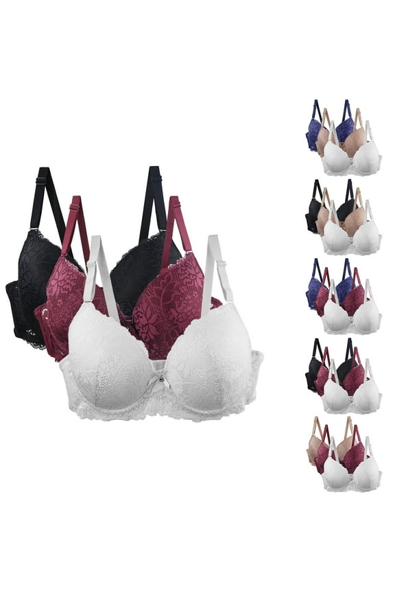 3 Pack Lace Bras for Women Plus Size Wireless Push Up Everyday Bra for Big Breasts Full Coverage Seamless Bralettes Breathable Brassiere for Large Breast White S