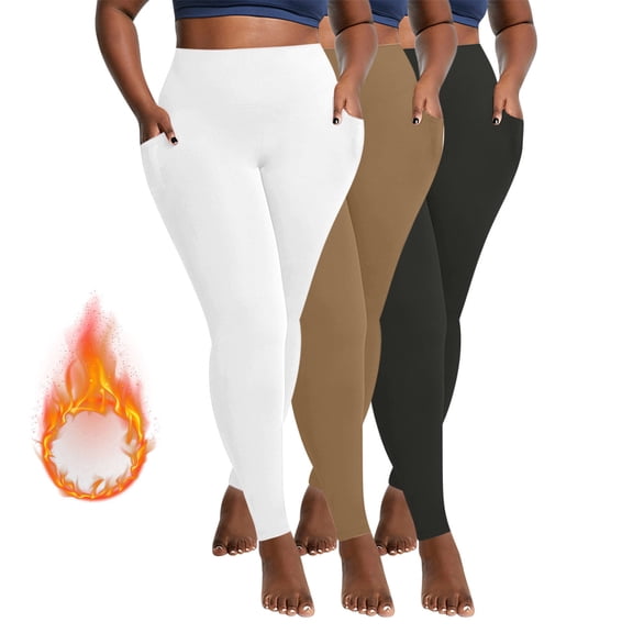 CFLVAEK 3 Pack Plus Size Women's Fleece Lined Leggings with Pockets Thermal Warm Winter Yoga Pants Solid Color High Waist Tummy Control Stretch Tights Legging Quick Dry (White Khaki Dark Gray) XXXXXL