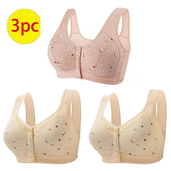 CFLVAEK 3 Piece Daisy Bras for Women Front Closure Everyday Bras Wireless Plus Size Full Coverage Bra Breathable Bralette for Senior Women Pink XL