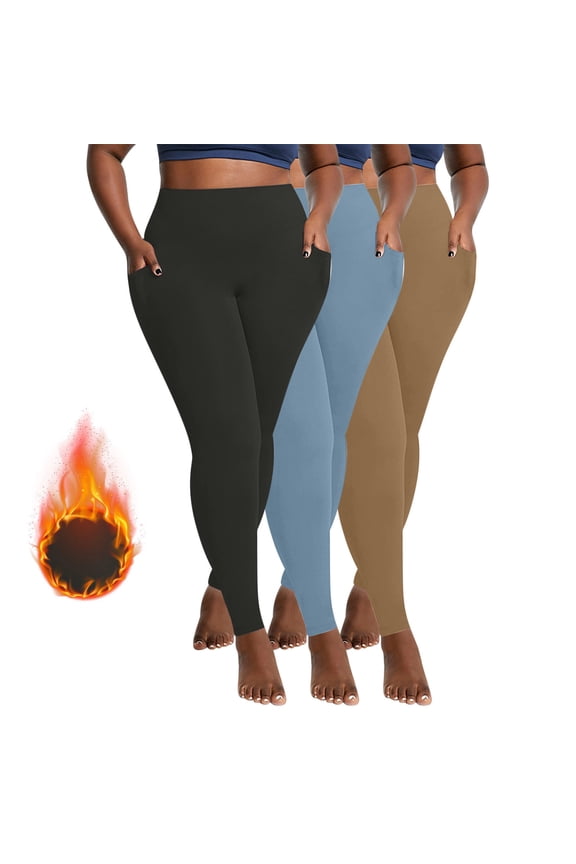 3 Piece Fleece Lined Leggings for Women with Pockets Quick Dry High Waist Legging Tights Plus Size Thermal Warm Winter Yoga Pants （Dark Gray+Khaki+Blue） XXXL